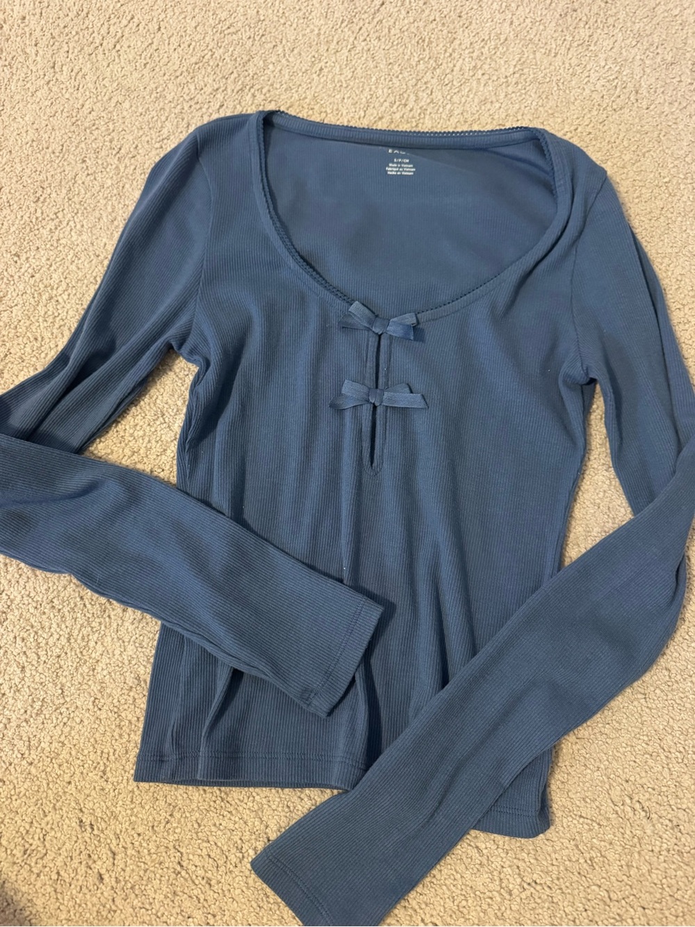 American Eagle Outfitters Slate Blue Ribbed Long Sleeve Top with Front Bows